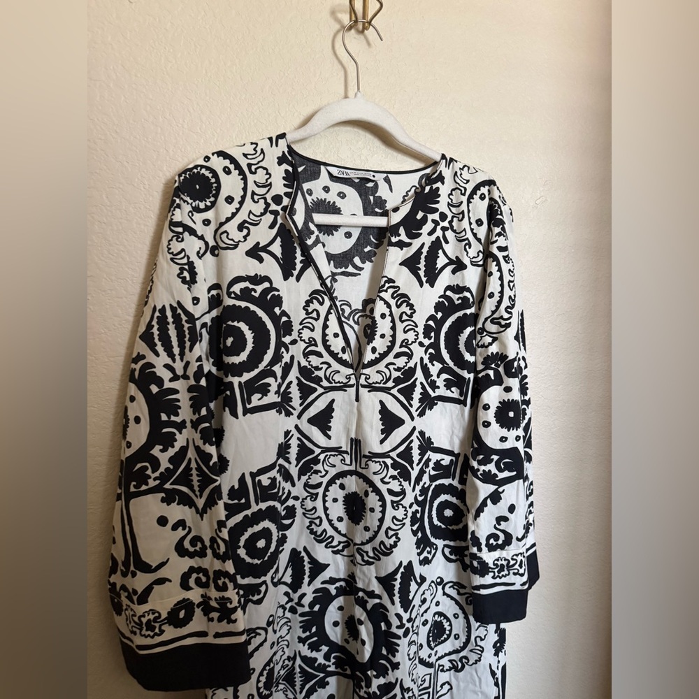 Zara Kaftan‎ Aztec Print Midi Dress Sz Medium Black White Ibiza Cover Up - Picture 4 of 7